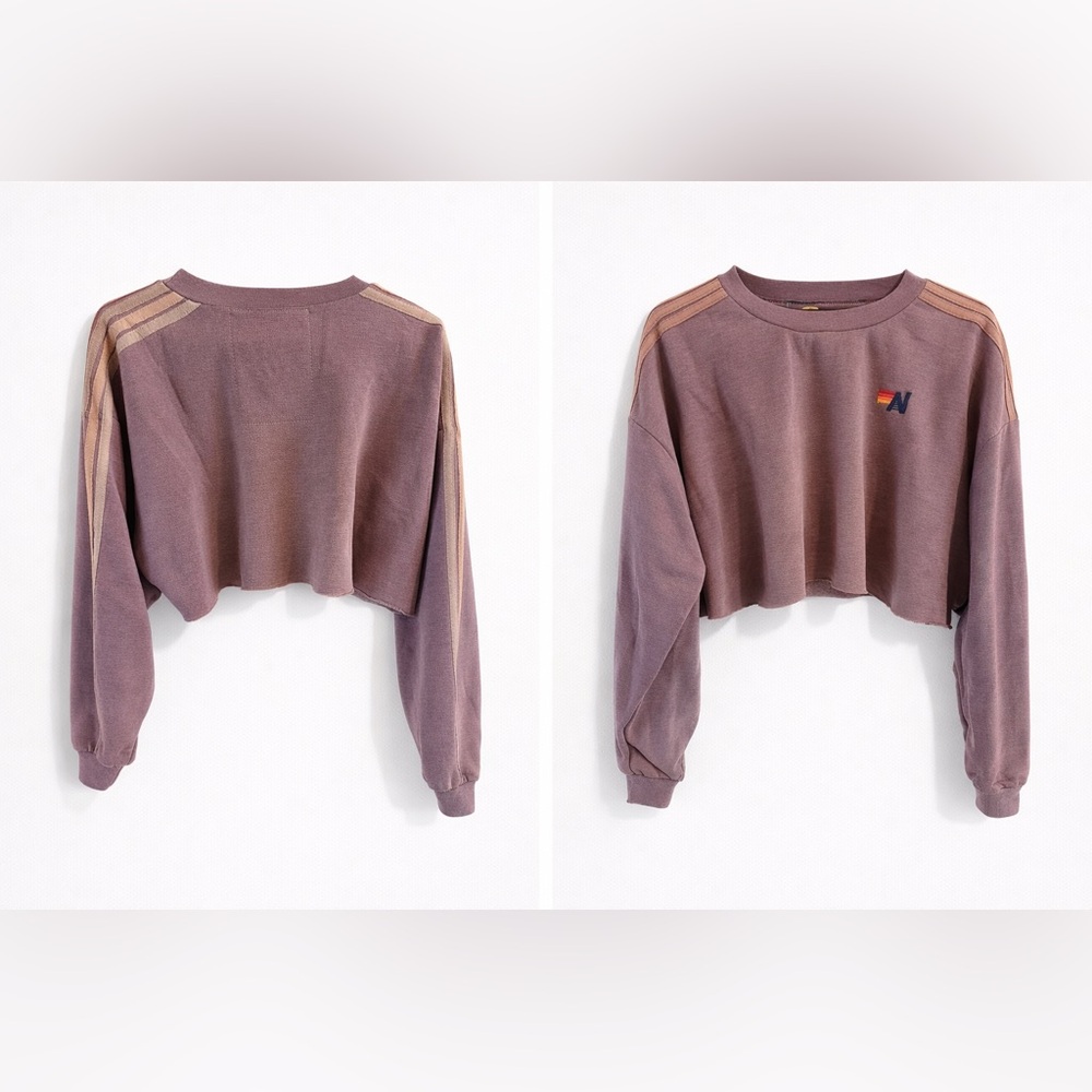 Aviator Nation CLASSIC STRIPE CROPPED CREW SWEATSHIRT RELAXED - FADED MOCHA - Picture 3 of 7